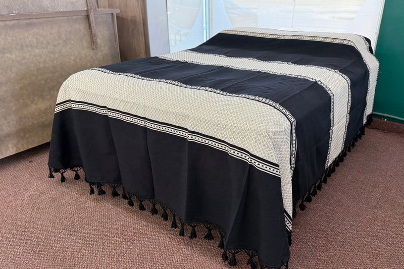 Traditional Oaxacan Artisan Bedspread - Hand-Crafted, Loom Spun - Black & White