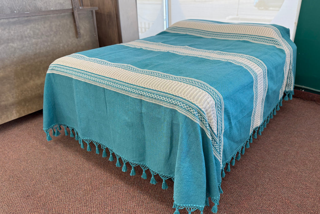 Traditional Oaxacan Artisan Bedspread Hand Crafted Loom Spun Turq