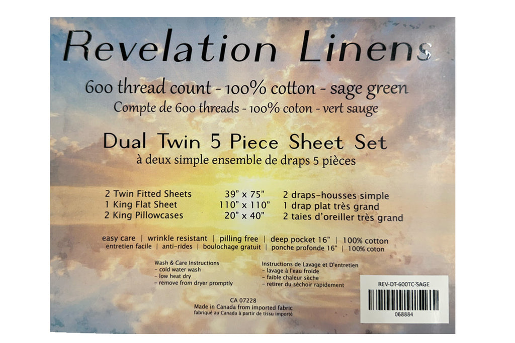 Revelation 600 Thread Count 100% Cotton Dual Twin Adjustable Bed Sheets